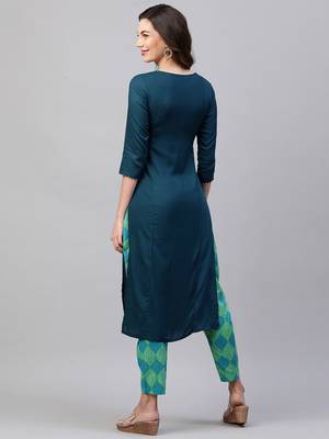 Indo Era Teal Embroidred Straight Kurta With Printed Trouser Set 2