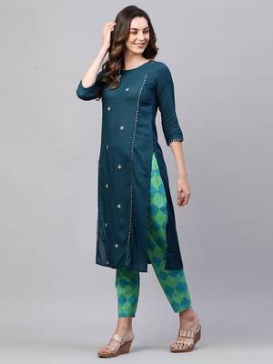 Indo Era Teal Embroidred Straight Kurta With Printed Trouser Set 3