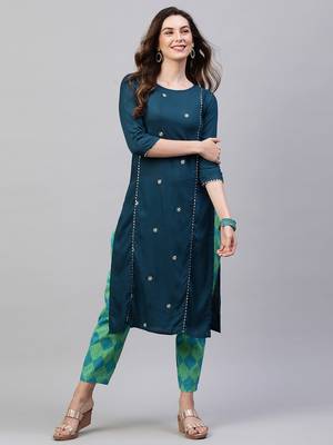 Indo Era Teal Embroidred Straight Kurta With Printed Trouser Set 4