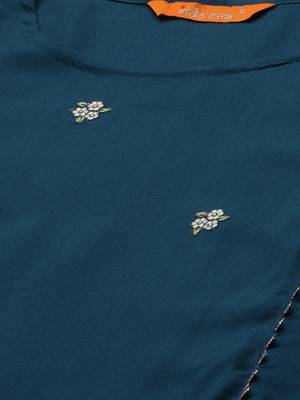 Indo Era Teal Embroidred Straight Kurta With Printed Trouser Set 5