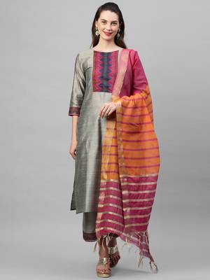 Indo Era Grey Solid  Straight Kurta Palazzo With Dupatta Set 1