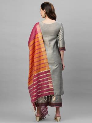 Indo Era Grey Solid  Straight Kurta Palazzo With Dupatta Set 2