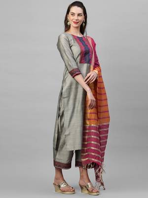 Indo Era Grey Solid  Straight Kurta Palazzo With Dupatta Set 3