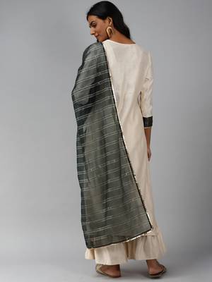 Indo Era Off White Solid Straight Kurta Palazzo With Dupatta Set 2