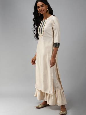 Indo Era Off White Solid Straight Kurta Palazzo With Dupatta Set 3