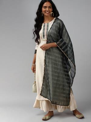Indo Era Off White Solid Straight Kurta Palazzo With Dupatta Set 4