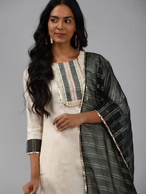 Indo Era Off White Solid Straight Kurta Palazzo With Dupatta Set 5