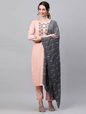Indo Era Peach Embroidered Straight Kurta Trouser With Dupatta Set 1