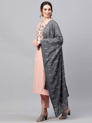 Indo Era Peach Embroidered Straight Kurta Trouser With Dupatta Set 3