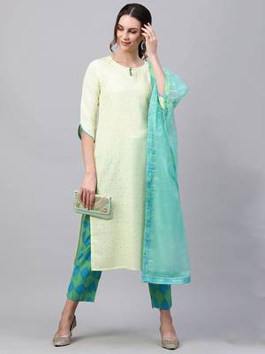 Indo Era Green Embroidred Straight Kurta Trouser With Dupatta Set 4