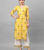 Indo Era Yellow Printed Straight Kurta With Palazzo Set