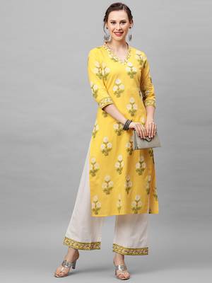 Indo Era Yellow Printed Straight Kurta With Palazzo Set 5
