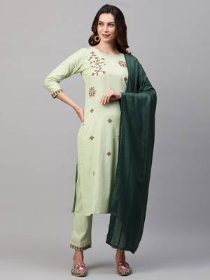 Indo Era Green Embroidred Straight Kurta Trouser With Dupatta Set 1