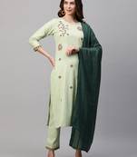 Indo Era Green Embroidred Straight Kurta Trouser With Dupatta Set
