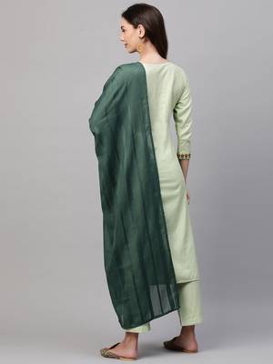 Indo Era Green Embroidred Straight Kurta Trouser With Dupatta Set 2