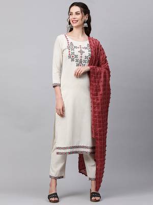 Indo Era Off White Embroidred Straight Kurta Trouser With Dupatta Set 1