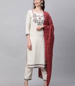 Indo Era Off White Embroidred Straight Kurta Trouser With Dupatta Set