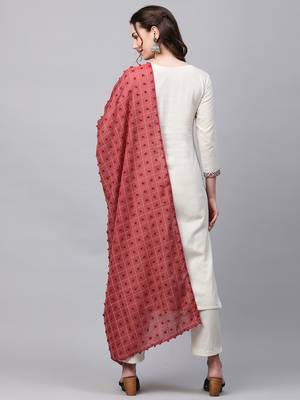 Indo Era Off White Embroidred Straight Kurta Trouser With Dupatta Set 2
