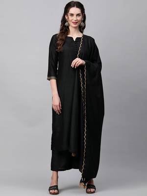 Indo Era Black Solid Straight Kurta Palazzo With Embroidred Dupatta Set 1