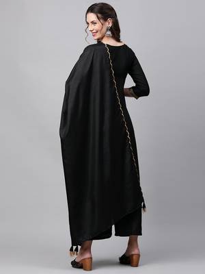 Indo Era Black Solid Straight Kurta Palazzo With Embroidred Dupatta Set 2
