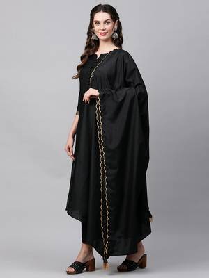 Indo Era Black Solid Straight Kurta Palazzo With Embroidred Dupatta Set 3