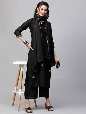 Indo Era Black Solid Straight Kurta Palazzo With Embroidred Dupatta Set 4