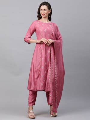 Indo Era Pink Embroidred A - Line Kurta Trouser With Dupatta Set 1