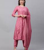 Indo Era Pink Embroidred A - Line Kurta Trouser With Dupatta Set