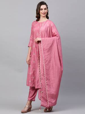 Indo Era Pink Embroidred A - Line Kurta Trouser With Dupatta Set 3