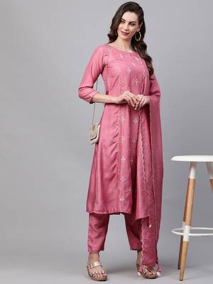 Indo Era Pink Embroidred A - Line Kurta Trouser With Dupatta Set 4
