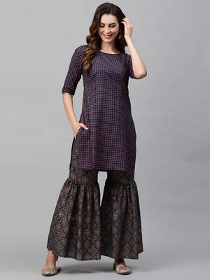 Indo Era Navy Blue Printed Straight Kurta With Sharara Set 1