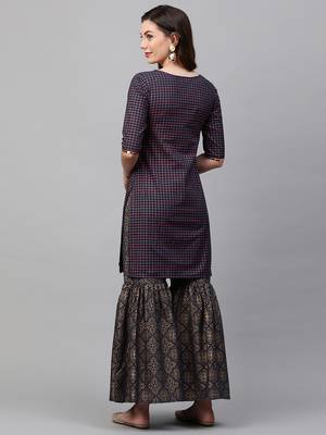 Indo Era Navy Blue Printed Straight Kurta With Sharara Set 2