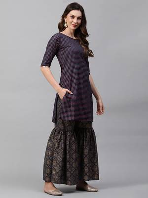 Indo Era Navy Blue Printed Straight Kurta With Sharara Set 3