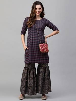 Indo Era Navy Blue Printed Straight Kurta With Sharara Set 4