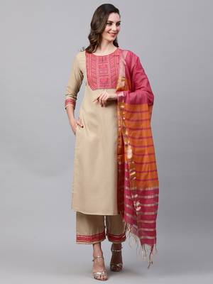 Indo Era Beige Solid Straight Kurta Palazzo With Dupatta Set 1