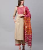 Indo Era Beige Solid Straight Kurta Palazzo With Dupatta Set