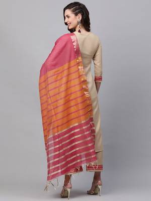 Indo Era Beige Solid Straight Kurta Palazzo With Dupatta Set 2