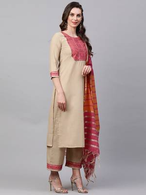 Indo Era Beige Solid Straight Kurta Palazzo With Dupatta Set 3