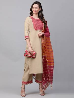 Indo Era Beige Solid Straight Kurta Palazzo With Dupatta Set 4