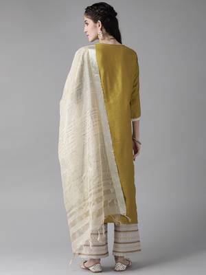 Indo Era Olive Solid Straight Kurta Palazzo With Dupatta Set 2