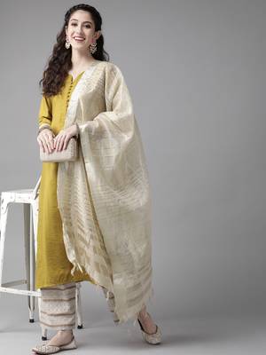 Indo Era Olive Solid Straight Kurta Palazzo With Dupatta Set 4