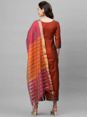 Indo Era Orange Solid Straight Kurta Palazzo With Dupatta Set 2