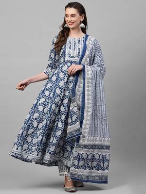 Indo Era Blue Printed A - Line Kurta Trouser With Dupatta Set 1