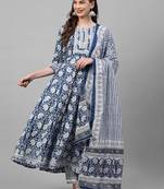 Indo Era Blue Printed A - Line Kurta Trouser With Dupatta Set