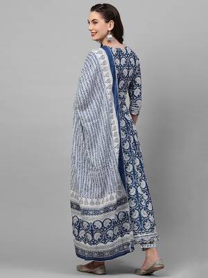Indo Era Blue Printed A - Line Kurta Trouser With Dupatta Set 2