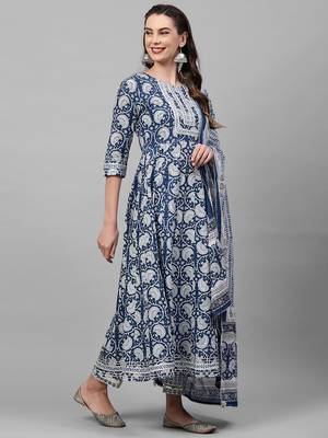 Indo Era Blue Printed A - Line Kurta Trouser With Dupatta Set 3