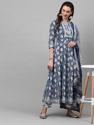 Indo Era Blue Printed A - Line Kurta Trouser With Dupatta Set 4