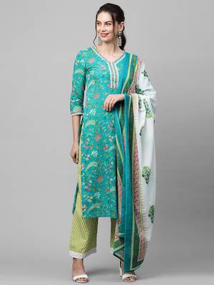 Indo Era Green Printed Straight Kurta Palazzo With Dupatta Set 1
