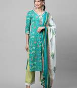 Indo Era Green Printed Straight Kurta Palazzo With Dupatta Set