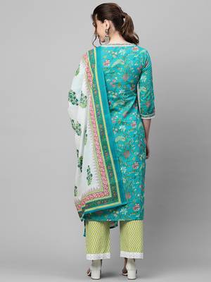 Indo Era Green Printed Straight Kurta Palazzo With Dupatta Set 2